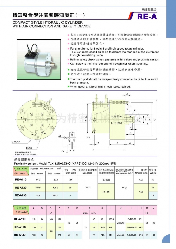 佳贺中实精短整合型注气回转油压缸 RE 